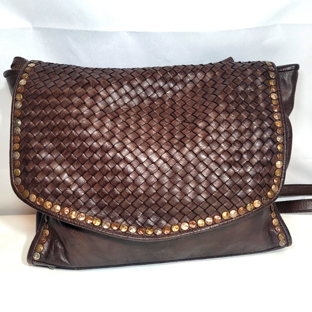 PLATANIA Made in Italy Brown Leather Boho Bag with studded accents
